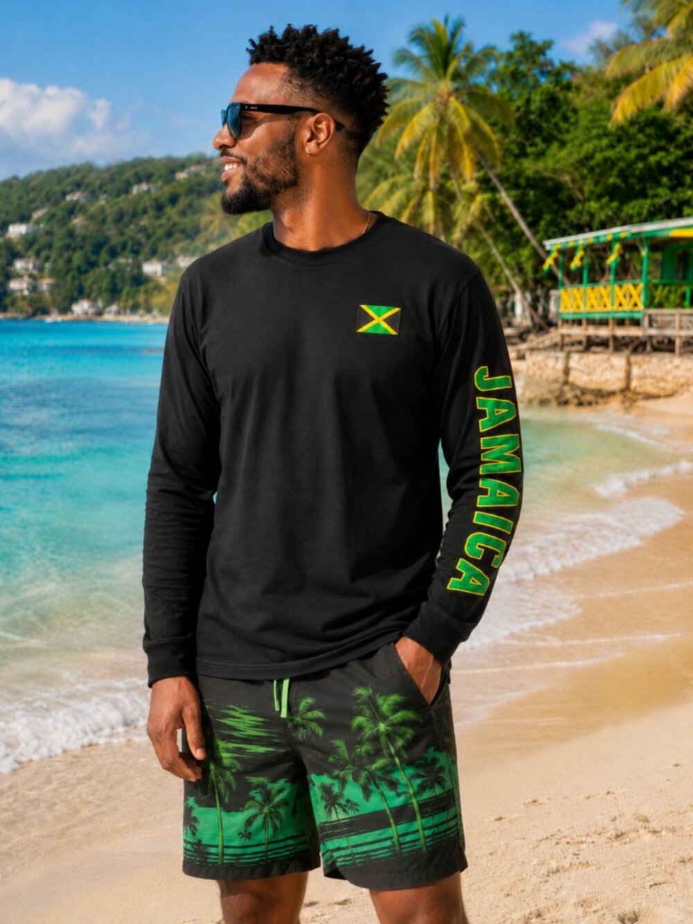 Authentic Gear Jamaica Long Sleeve Black T-Shirt w Embroidered Flag (Men’s L)